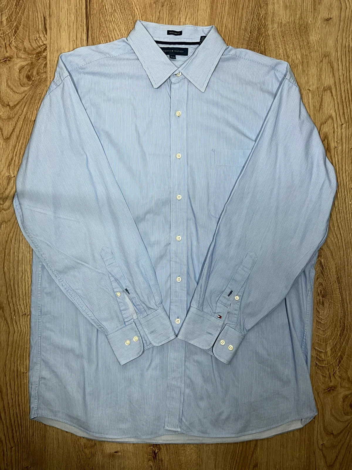 Chemise Tommy Hilfiger Regular Fit 17.5 32-33 Preppy 100% Coton Rayée Bleu Ciel – photo 2